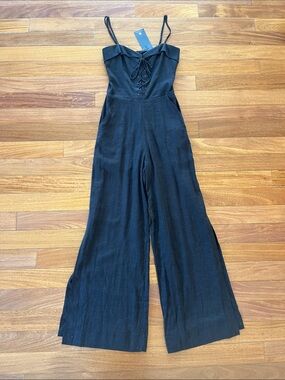New Vix by Paula Hermanny Linen Black Pants Jumpsuit Jumper XS